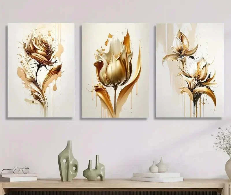 3pcs Golden rose abstract concept illustration Wall Art Set Canvas Framed 40x60cm – High Quality Print 100% Australian Made Wall Canvas Ready to Hang