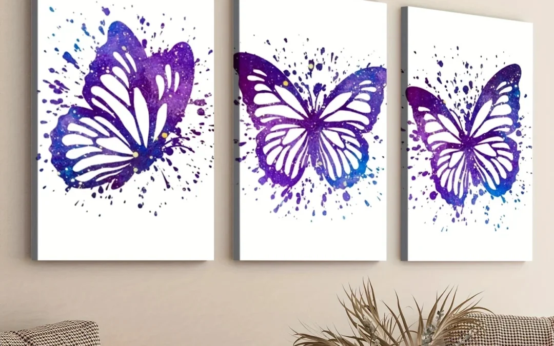 3pcs Purple Butterfly Elegant White Blue Dots Wall Art Set Canvas Framed 40x60cm – High Quality Print 100% Australian Made Wall Canvas Ready to Hang