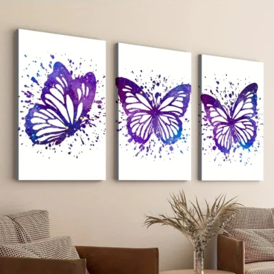 3pcs Purple Butterfly Elegant White Blue Dots Wall Art Set Canvas Framed 40x60cm - High Quality Print 100% Australian Made Wall Canvas Ready to Hang