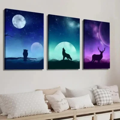 3pcs Moon Starry Sky Animal Owl Wolf and Deer  Wall Art Set Canvas Framed 40x60cm - High Quality Print 100% Australian Made Wall Canvas Ready to Hang