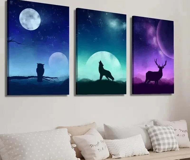 3pcs Moon Starry Sky Animal Owl Wolf and Deer Wall Art Set Canvas Framed 40x60cm – High Quality Print 100% Australian Made Wall Canvas Ready to Hang
