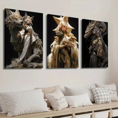 3pcs Anime Fantasy Golden Female Characters  Wall Art Set Canvas Framed 40x60cm - High Quality Print 100% Australian Made Wall Canvas Ready to Hang