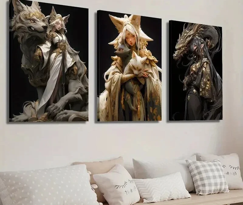 3pcs Anime Fantasy Golden Female Characters Wall Art Set Canvas Framed 40x60cm – High Quality Print 100% Australian Made Wall Canvas Ready to Hang