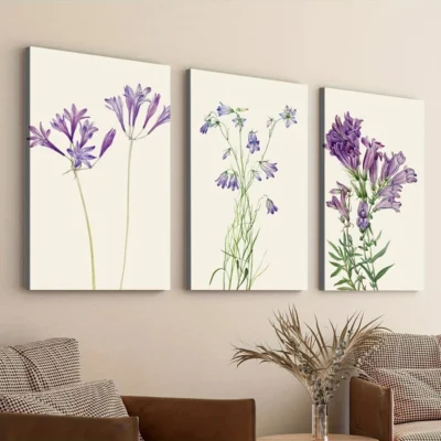 3pcs Purple Botanical Flower Art Green Leaves Wall Art Set Canvas Framed 40x60cm - High Quality Print 100% Australian Made Wall Canvas Ready to Hang