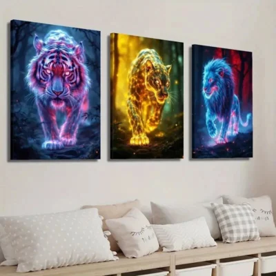 3pcs Glowing Wild Animal Tiger Cheetah and Lion  Wall Art Set Canvas Framed 40x60cm - High Quality Print 100% Australian Made Wall Canvas Ready to Hang (Copy)