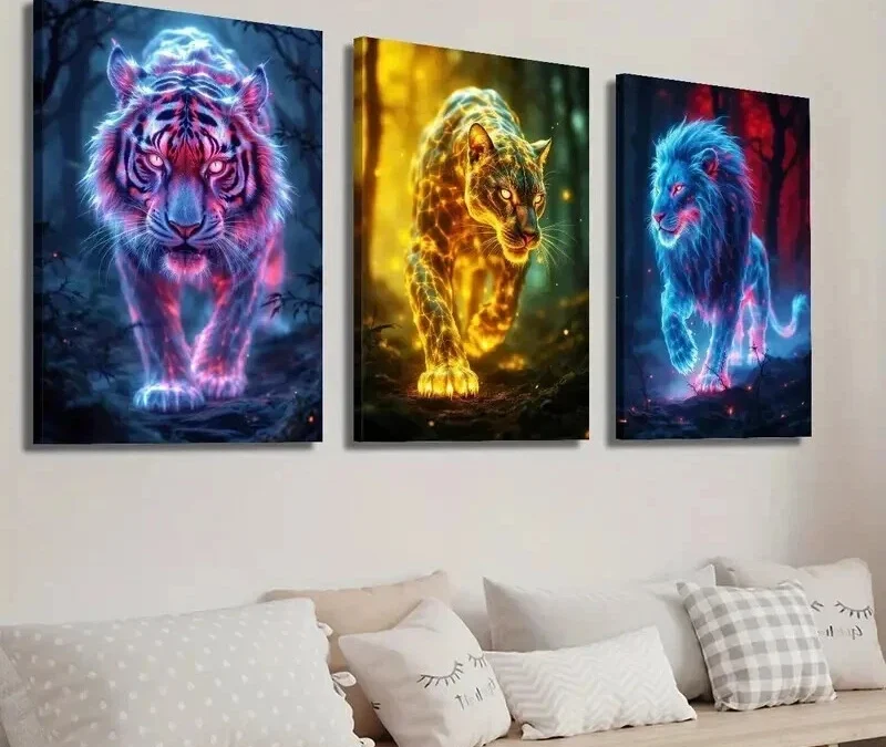 3pcs Glowing Wild Animal Tiger Cheetah and Lion Wall Art Set Canvas Framed 40x60cm – High Quality Print 100% Australian Made Wall Canvas Ready to Hang (Copy)