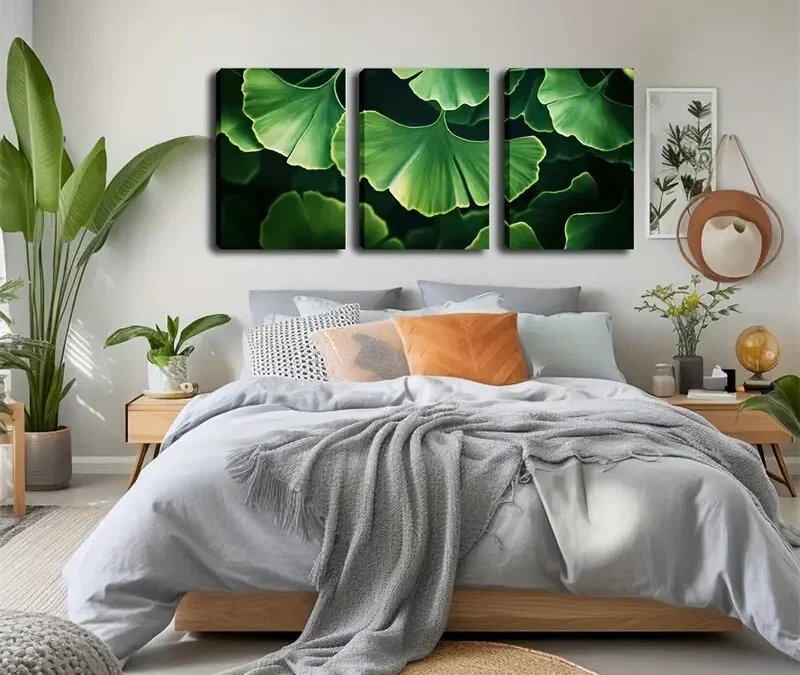 3pcsGreen Ginkgo Leaf  Wall Art Set Canvas Framed 50x70cm – High Quality Print 100% Australian Made Wall Canvas Ready to Hang