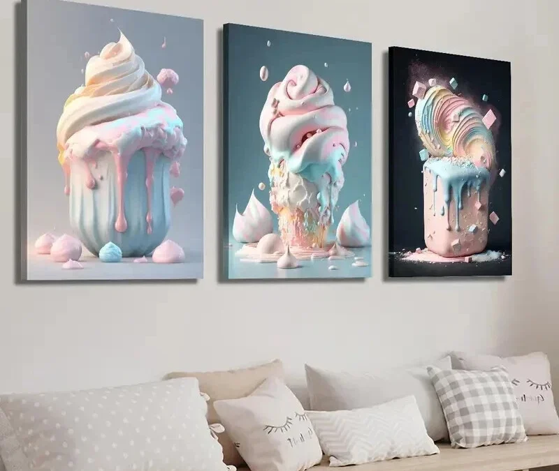 3pcs Summer Macaron Color Popsicle Ice Cream Wall Art Set Canvas Framed 40x60cm – High Quality Print 100% Australian Made Wall Canvas Ready to Hang
