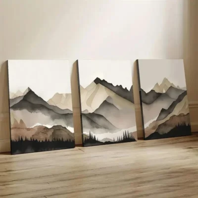 3pcs  Beige and Gray Mountain Wall Art Set Canvas Framed 40x60cm - High Quality Print 100% Australian Made Wall Canvas Ready to Hang