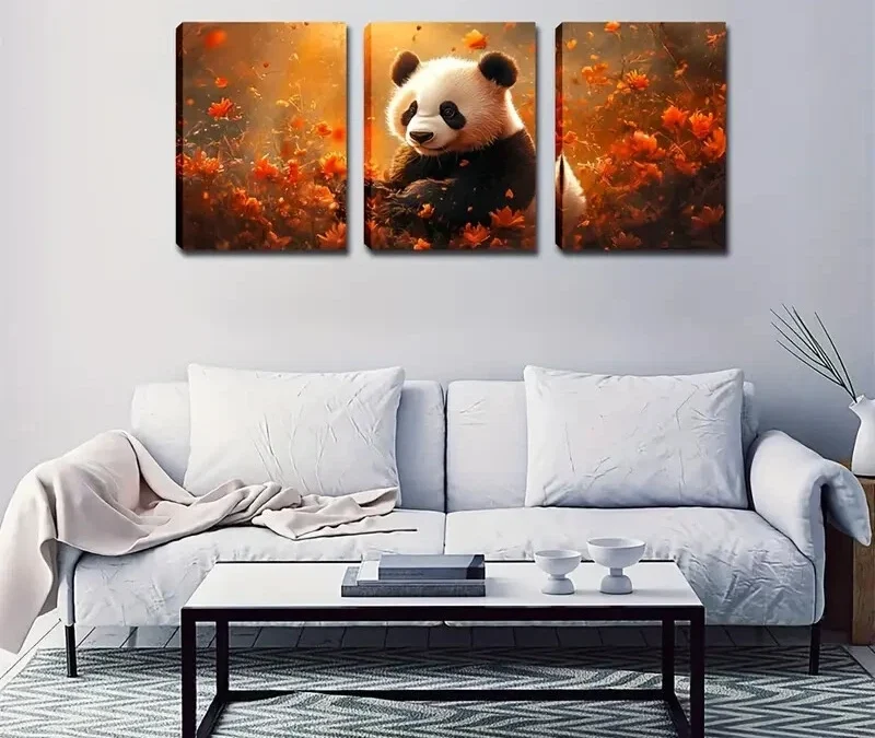 3pcs Vibrant Autumn Landscape, Panda & Floral Wall Art Set Canvas Framed 50x70cm – High Quality Print 100% Australian Made Wall Canvas Ready to Hang