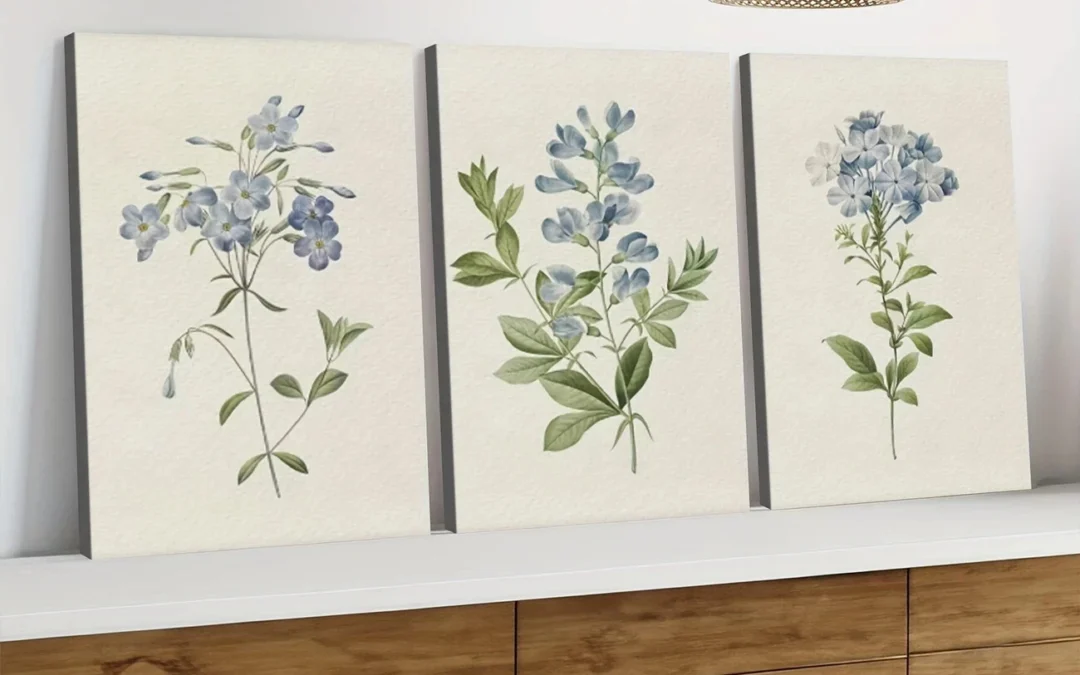 3pcs Vintage Botanical Blue Flowers Green Leaves Wall Art Set Canvas Framed 40x60cm – High Quality Print 100% Australian Made Wall Canvas Ready to Hang