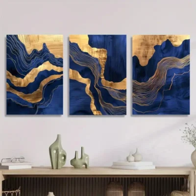 3pcs Abstract wavy blue marble and Golden gilt Wall Art Set Canvas Framed 40x60cm - High Quality Print 100% Australian Made Wall Canvas Ready to Hang