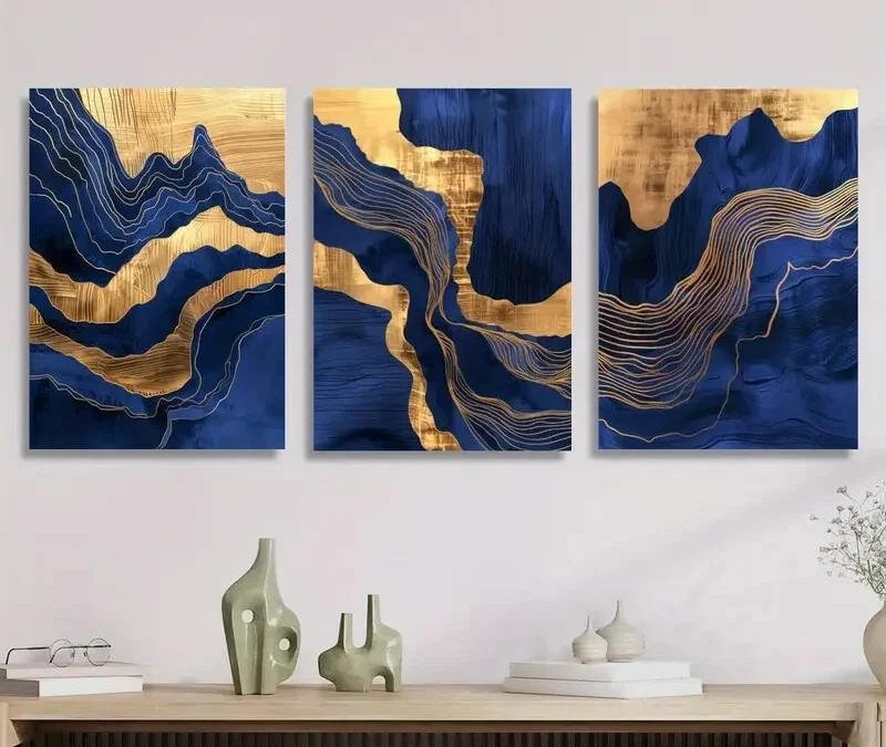 3pcs Abstract wavy blue marble and Golden gilt Wall Art Set Canvas Framed 40x60cm – High Quality Print 100% Australian Made Wall Canvas Ready to Hang