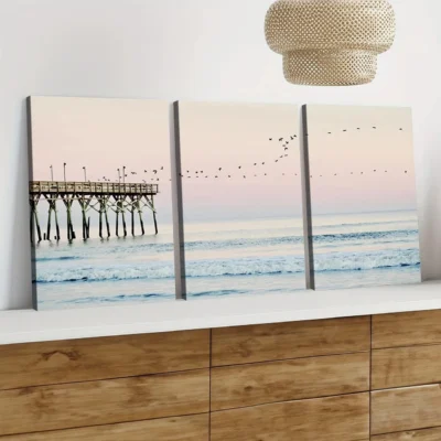 3pcs California Ocean Blush Pink Coastal Beach Wall Art Set Canvas Framed 40x60cm - High Quality Print 100% Australian Made Wall Canvas Ready to Hang