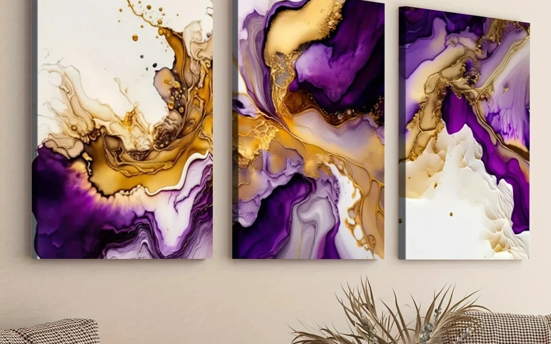 3pcs Purple Modern Abstract Modern Art Golden Wall Art Set Canvas Framed 40x60cm – High Quality Print 100% Australian Made Wall Canvas Ready to Hang