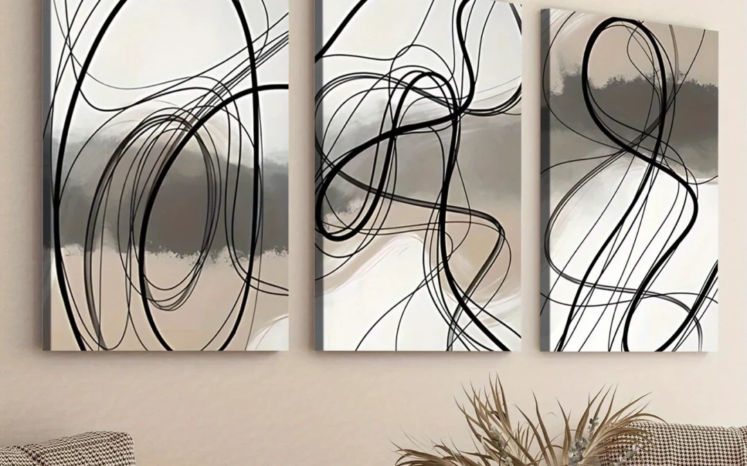 3pcs Black Swirls Gray Elegant Black Lines White Wall Art Set Canvas Framed 40x60cm – High Quality Print 100% Australian Made Wall Canvas Ready to Hang