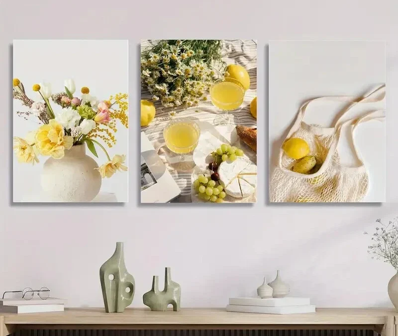3pcs lemon grape , plants and flowers Wall Art Set Canvas Framed 40x60cm – High Quality Print 100% Australian Made Wall Canvas Ready to Hang