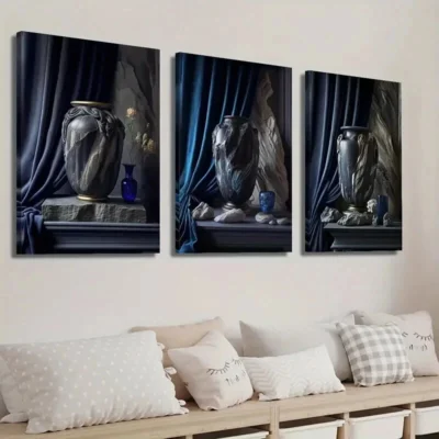 3pcs  Tone Vase Art Blue Vase Plant Wall Art Set Canvas Framed 40x60cm - High Quality Print 100% Australian Made Wall Canvas Ready to Hang
