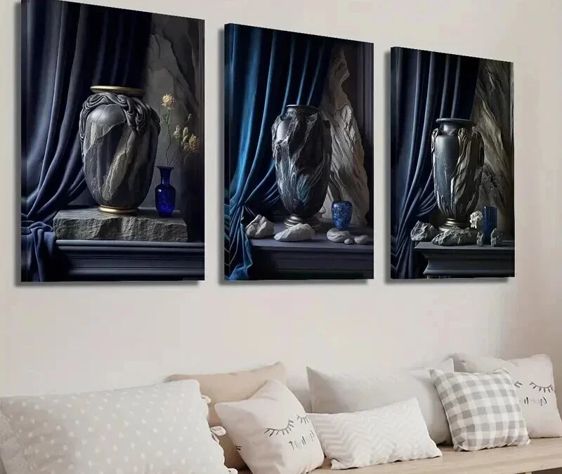 3pcs Tone Vase Art Blue Vase Plant Wall Art Set Canvas Framed 40x60cm – High Quality Print 100% Australian Made Wall Canvas Ready to Hang