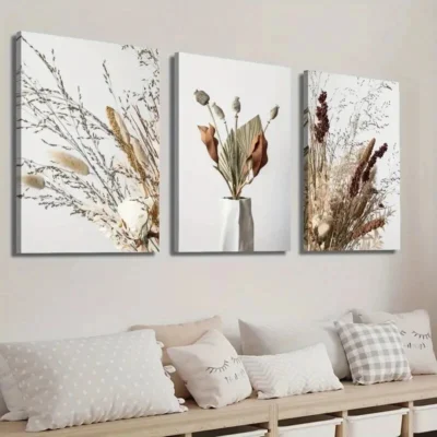 3pcs Flower Art in a Vase Dried Flowers Wall Art Set Canvas Framed 40x60cm - High Quality Print 100% Australian Made Wall Canvas Ready to Hang