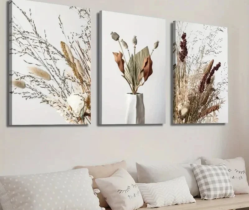3pcs Flower Art in a Vase Dried Flowers Wall Art Set Canvas Framed 40x60cm – High Quality Print 100% Australian Made Wall Canvas Ready to Hang