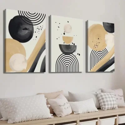 3pcs Black and Beige Modern Geometric Shape  Wall Art Set Canvas Framed 40x60cm - High Quality Print 100% Australian Made Wall Canvas Ready to Hang