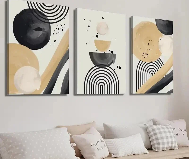 3pcs Black and Beige Modern Geometric Shape  Wall Art Set Canvas Framed 40x60cm – High Quality Print 100% Australian Made Wall Canvas Ready to Hang
