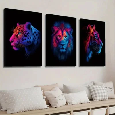 3pcs Neon Wild Animals Leopard Lion and Tiger Wall Art Set Canvas Framed 40x60cm - High Quality Print 100% Australian Made Wall Canvas Ready to Hang