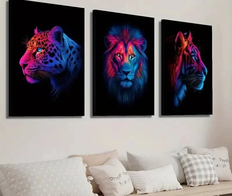 3pcs Neon Wild Animals Leopard Lion and Tiger Wall Art Set Canvas Framed 40x60cm – High Quality Print 100% Australian Made Wall Canvas Ready to Hang