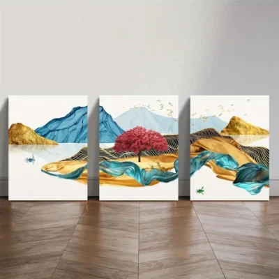 3pcs Abstract Golden new Chinese forest landscape  Wall Art Set Canvas Framed 40x60cm - High Quality Print 100% Australian Made Wall Canvas Ready to Hang