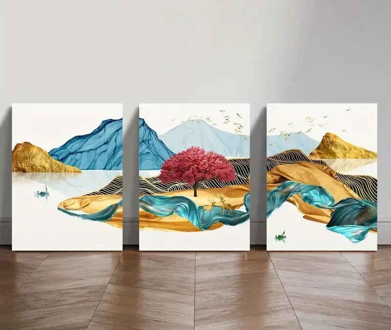 3pcs Abstract Golden new Chinese forest landscape  Wall Art Set Canvas Framed 40x60cm – High Quality Print 100% Australian Made Wall Canvas Ready to Hang