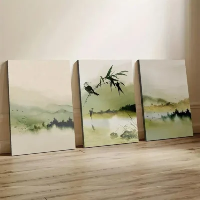 3pcs Green Mountain & Bamboo Forest Wall Art Set Canvas Framed 40x60cm - High Quality Print 100% Australian Made Wall Canvas Ready to Hang