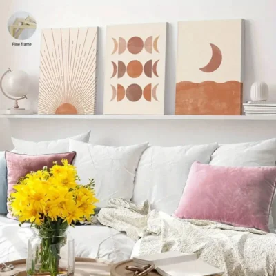 3pcs Abstract Pink Sunset & Moon Phases Wall Art Set Canvas Framed 40x60cm - High Quality Print 100% Australian Made Wall Canvas Ready to Hang