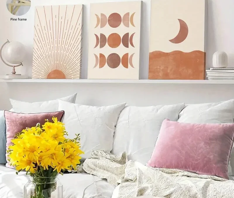 3pcs Abstract Pink Sunset & Moon Phases Wall Art Set Canvas Framed 40x60cm – High Quality Print 100% Australian Made Wall Canvas Ready to Hang