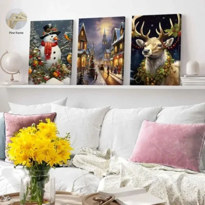 3pcs  Winter Scenes Snowmen Wall Art Set Canvas Framed 40x60cm - High Quality Print 100% Australian Made Wall Canvas Ready to Hang