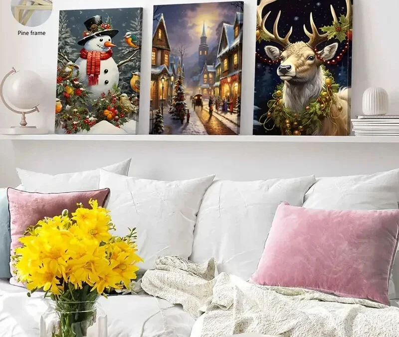 3pcs Winter Scenes Snowmen Wall Art Set Canvas Framed 40x60cm – High Quality Print 100% Australian Made Wall Canvas Ready to Hang