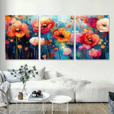 3pcs Vibrant Poppy & Daisy Painting  Wall Art Set Canvas Framed 40x60cm - High Quality Print 100% Australian Made Wall Canvas Ready to Hang