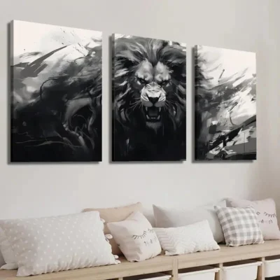 3pcs Black and White Monochrome Animal Lion  Wall Art Set Canvas Framed 40x60cm - High Quality Print 100% Australian Made Wall Canvas Ready to Hang