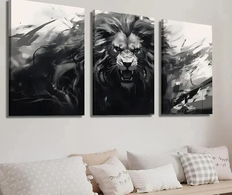 3pcs Black and White Monochrome Animal Lion Wall Art Set Canvas Framed 40x60cm – High Quality Print 100% Australian Made Wall Canvas Ready to Hang