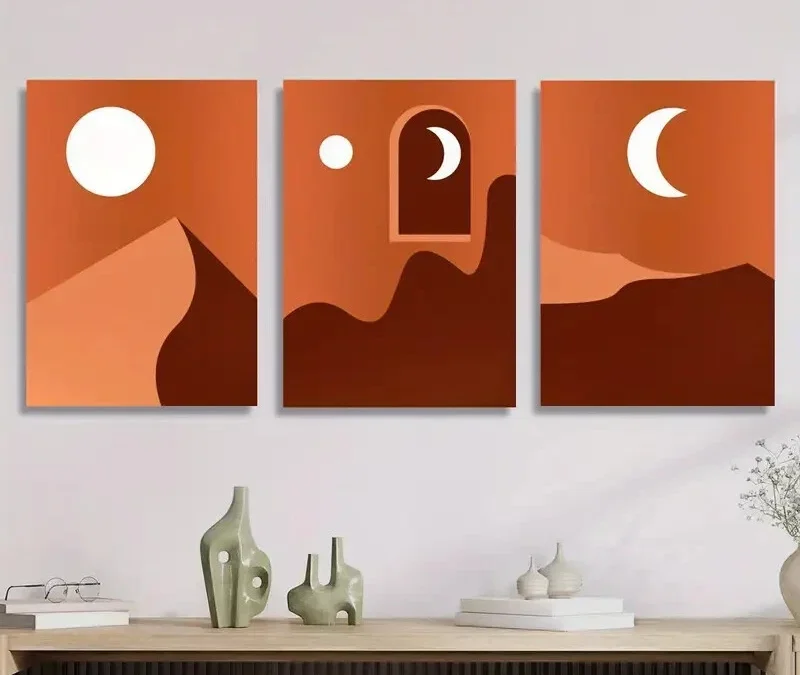 3pcs full moon and crescent moon, desert night  Wall Art Set Canvas Framed 40x60cm – High Quality Print 100% Australian Made Wall Canvas Ready to Hang