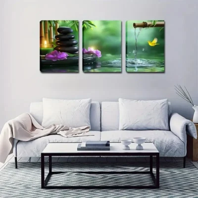 3pcs purple Flowers & Serene Waters Wall Art Set Canvas Framed 40x60cm - High Quality Print 100% Australian Made Wall Canvas Ready to Hang