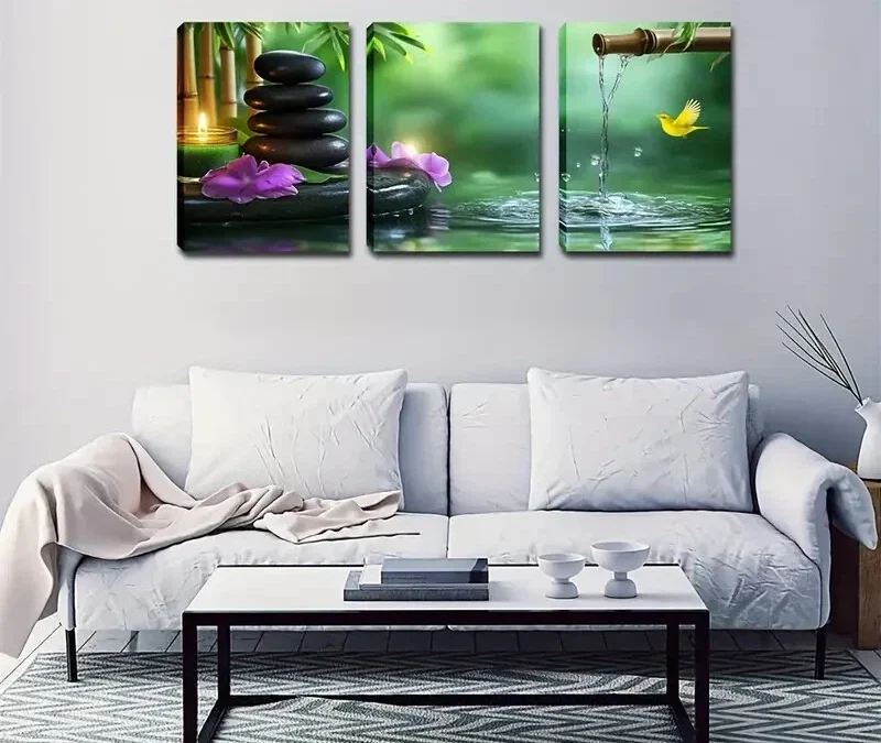 3pcs purple Flowers & Serene Water Wall Art Set Canvas Framed 50x70cm – High Quality Print 100% Australian Made Wall Canvas Ready to Hang