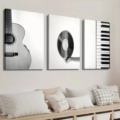 3pcs Black and White Guitar Vinyl Record & Piano Wall Canvas Ready to Hang