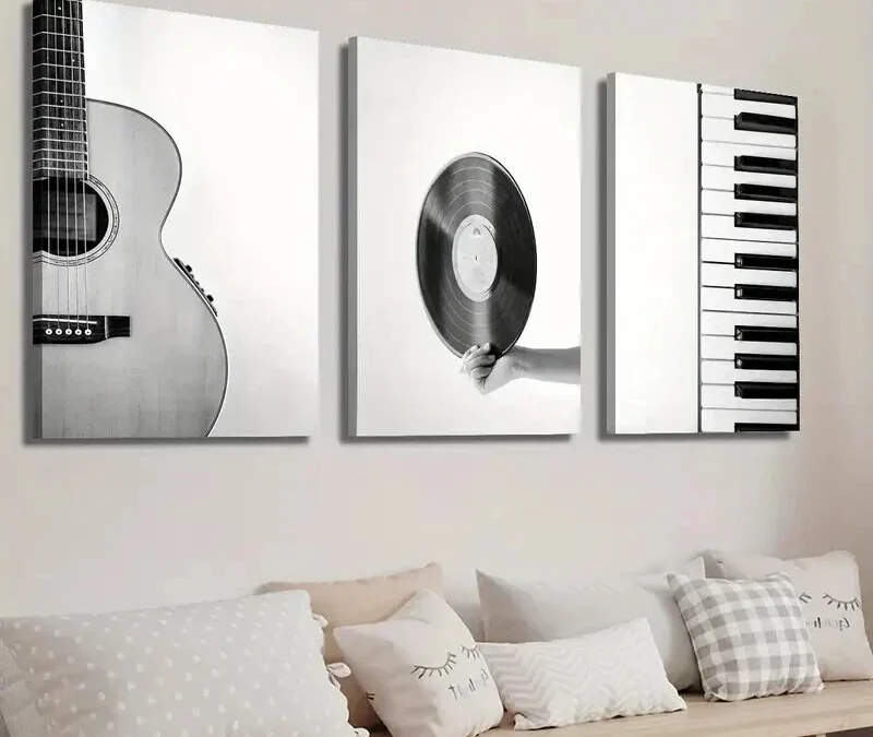 3pcs Black and White Guitar Vinyl Record & Piano Wall Canvas Ready to Hang