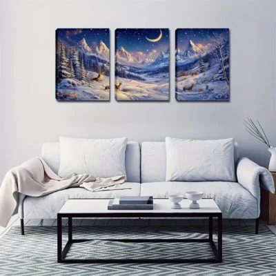 3pcs Snow-Capped Mountains & Starry Night Wall Art Set Canvas Framed 40x60cm - High Quality Print 100% Australian Made Wall Canvas Ready to Hang