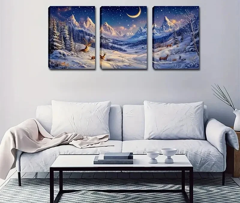 3pcs Snow-Capped Mountains & Starry Night Wall Art Set Canvas Framed 40x60cm – High Quality Print 100% Australian Made Wall Canvas Ready to Hang