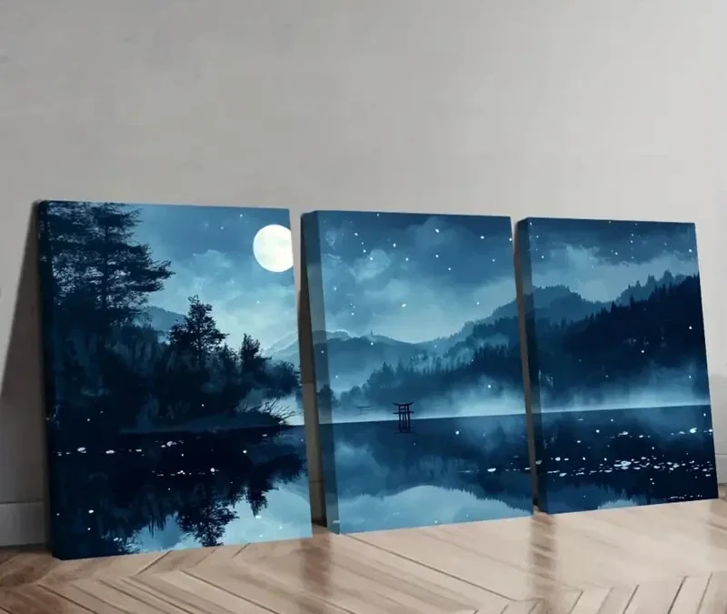 3pcs Moonlit Forest ,Tranquil Mountain Landscape Wall Art Set Canvas Framed 50x70cm – High Quality Print 100% Australian Made Wall Canvas Ready to Hang