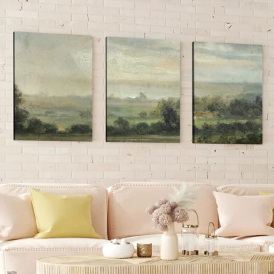3pcs Vintage Green Nature Forest Sky Grasses Wall Art Set Canvas Framed 40x60cm - High Quality Print 100% Australian Made Wall Canvas Ready to Hang