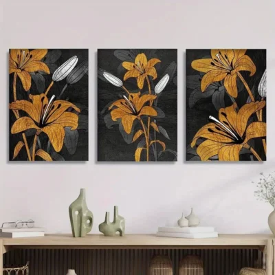 3pcs Golden Lily Wall Art Set Canvas Framed 40x60cm - High Quality Print 100% Australian Made Wall Canvas Ready to Hang
