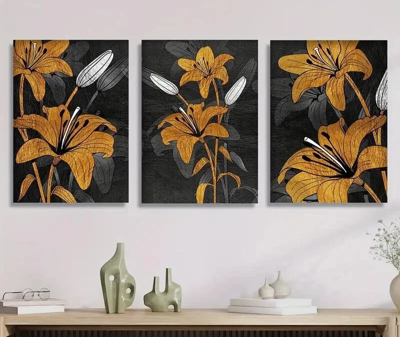 3pcs Golden Lily Wall Art Set Canvas Framed 40x60cm – High Quality Print 100% Australian Made Wall Canvas Ready to Hang